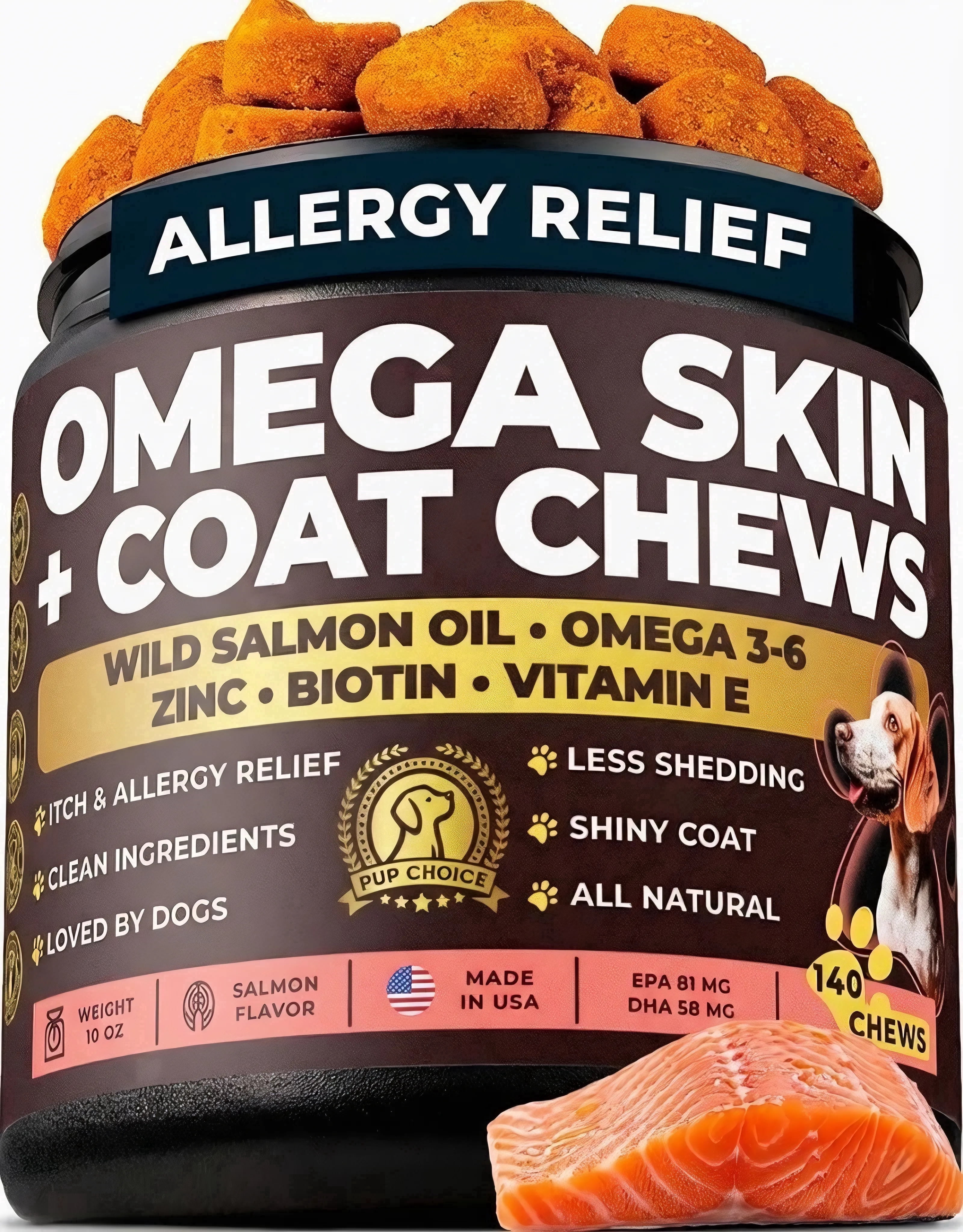 Pup Choice Omega 3 & 6 Skin & Coat Chews for Dogs with Wild Salmon Oil, Biotin & Zinc Supports Healthy Skin, Shiny Coat & Shedding, Salmon Flavor, 140 Count