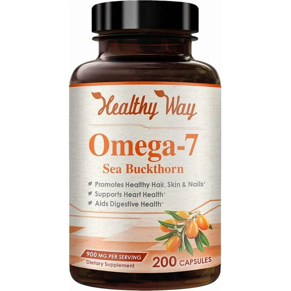 Healthy Way Omega 7 Sea Buckthorn Capsules, Plant-Based Antioxidant Supplement, 900mg, 200 Count