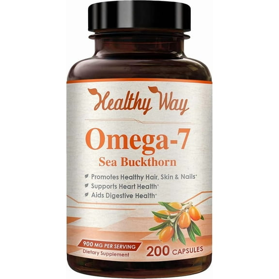 Healthy Way Omega 7 Sea Buckthorn Capsules, Plant-Based Antioxidant Supplement, 900mg, 200 Count