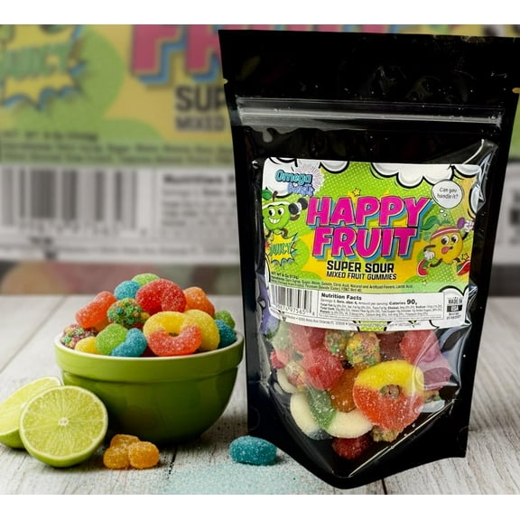 Omega Bursts Happy Fruit Super Sour Mixed Fruit Gummies, 5 oz Resealable Pouch