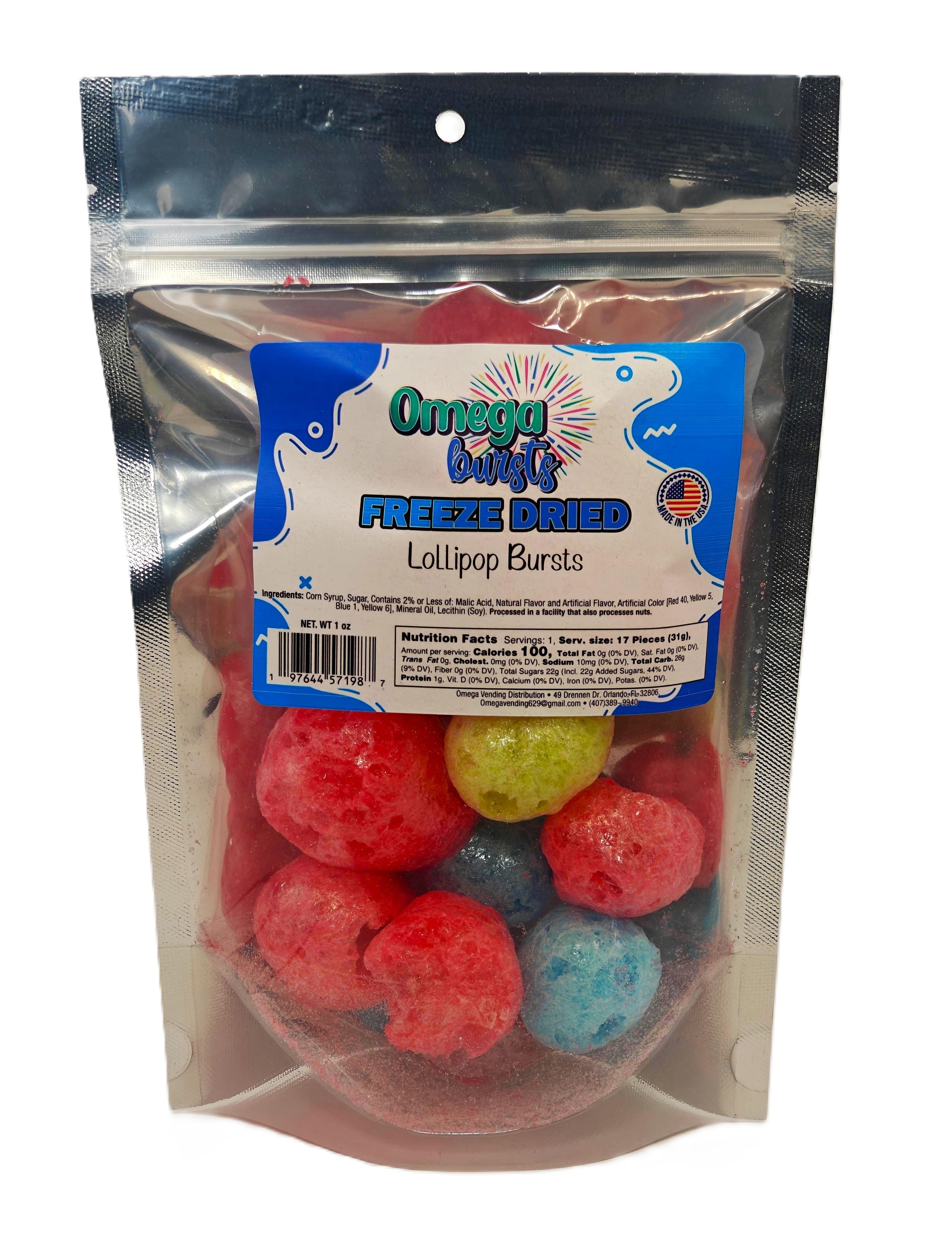 Omega Bursts Freeze Dried Lollipop Bursts  Colorful Crunchy Candy, 1 oz Resealable Pouch