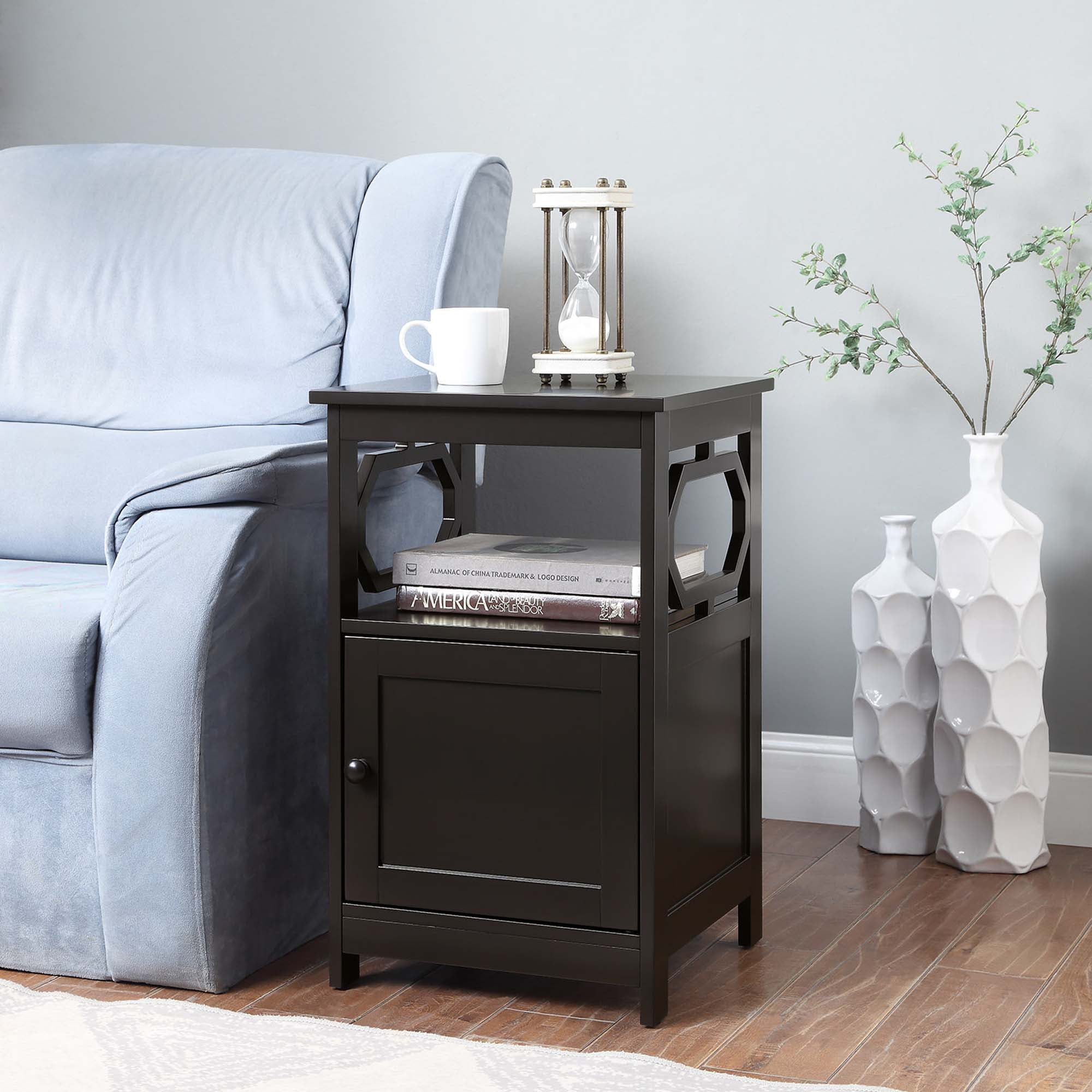 Espresso Round Wood End Table with Storage Cabinet