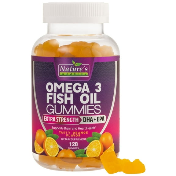 Omega 3 Fish Oil Gummies, Heart Healthy Omega 3 Gummy Supplement with High Absorption DHA & EPA, Extra Strength Joint & Brain Support, Delicious Orange Flavor Fish Oil Nature's Vitamin - 120 Gummies