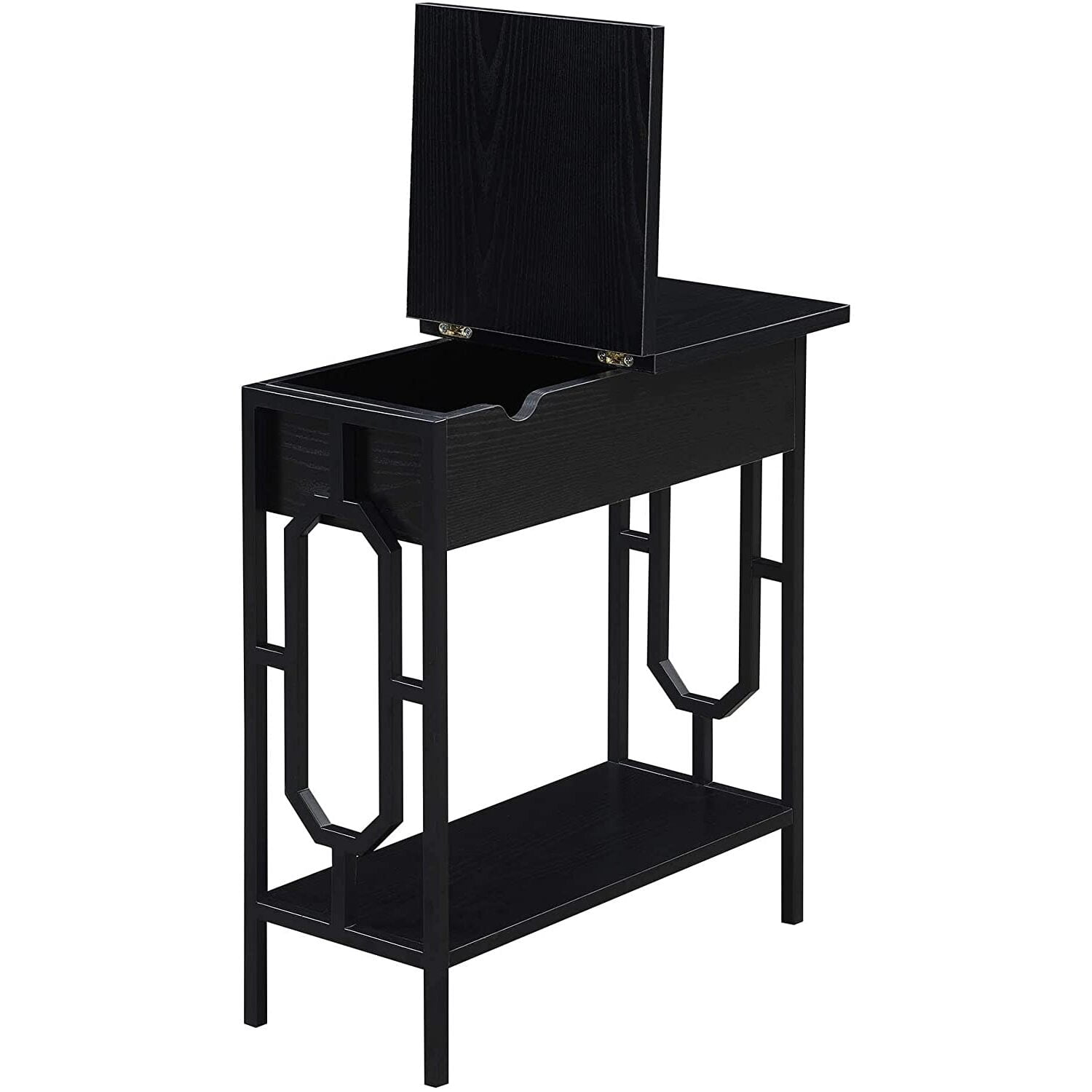 Modern Black Wood & Metal End Table with Charging Station & Storage