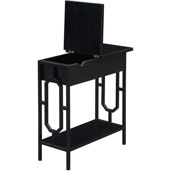 Omega Flip Top End Table with Charging Station - Black Wood Finish & Black Frame