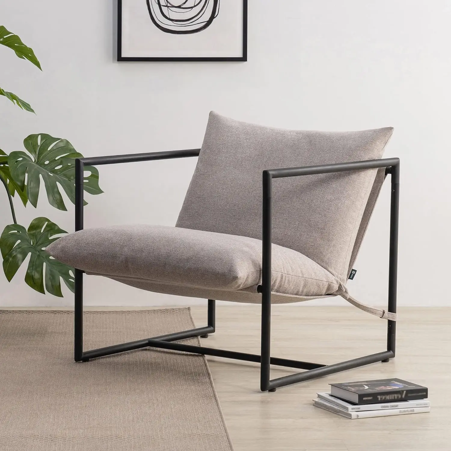 Oatmeal Beige Metal Framed Sling Accent Chair