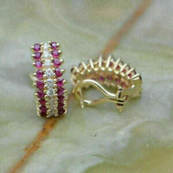 Omega Huggie Hoop Earrings 14K Yellow Gold Plated Silver Ruby & Diamond