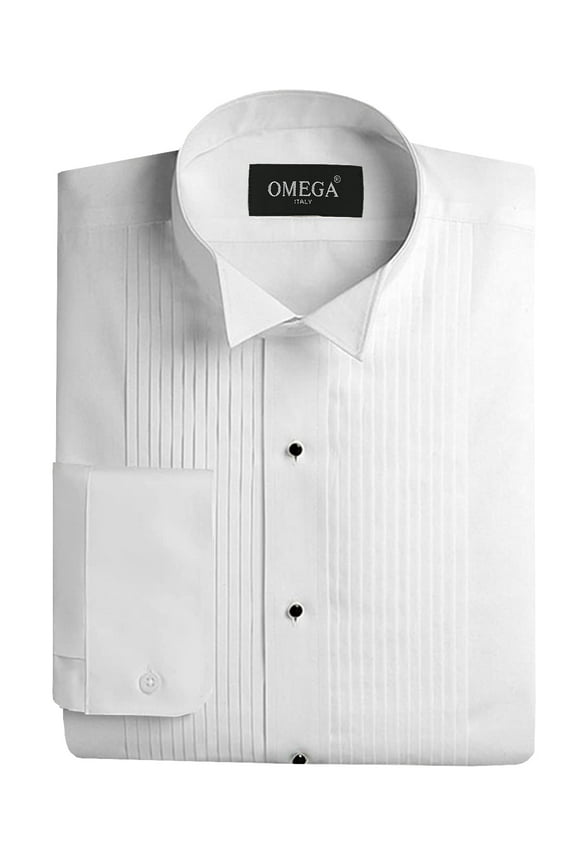 Men's Pleated Tuxedo Wingtip & Laydown Collar White Dress Shirt (Wing Tip, L (16-16) sleeve: 36/37)