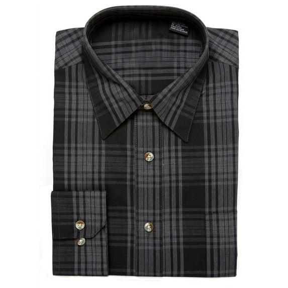 Omega Long Sleeve Dress Shirt, Button Up, Black Plaid, X-Large (34/35)