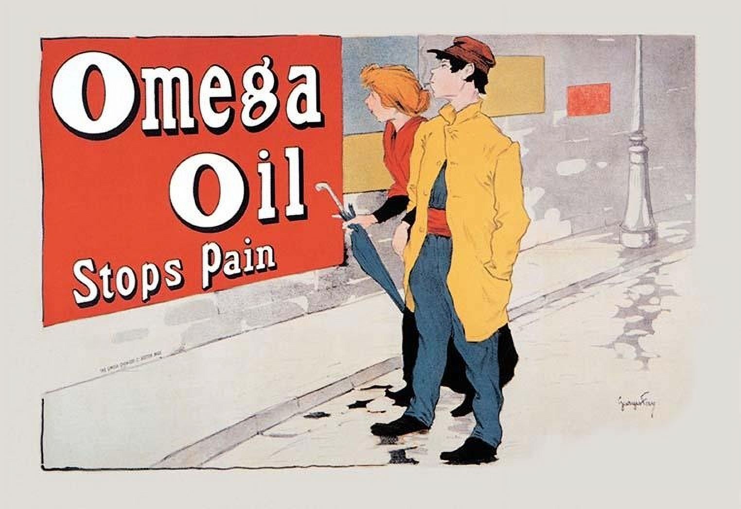 Omega Oil Stops Pain, poster signed by Fay, printed in London