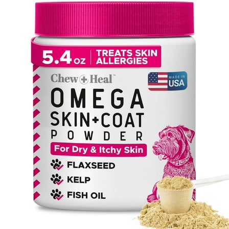Chew + Heal Omega Powder for Dogs, 5.4 oz - with Omega 3, 6, and 9 Fatty Acids, Biotin, and Vitamin C