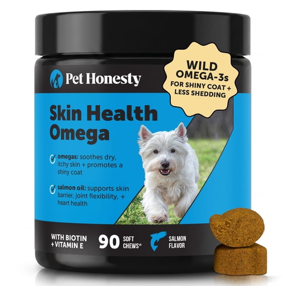 Pet Honesty Omega Skin Health Chews for Dogs, Alaskan Salmon Oil, Omega-3 Fish Oil, Krill, Spirulina, Omega-3s, Healthy Skin & Coat, Itchy Skin, Dog Allergies, May Reduce Shedding (90 Count)