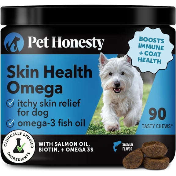 Pet Honesty Omega Skin Health Chews for Dogs, Alaskan Salmon Oil, Omega-3 Fish Oil, Krill, Spirulina, Omega-3s, Healthy Skin & Coat, Itchy Skin, Dog Allergies, May Reduce Shedding (90 Count)
