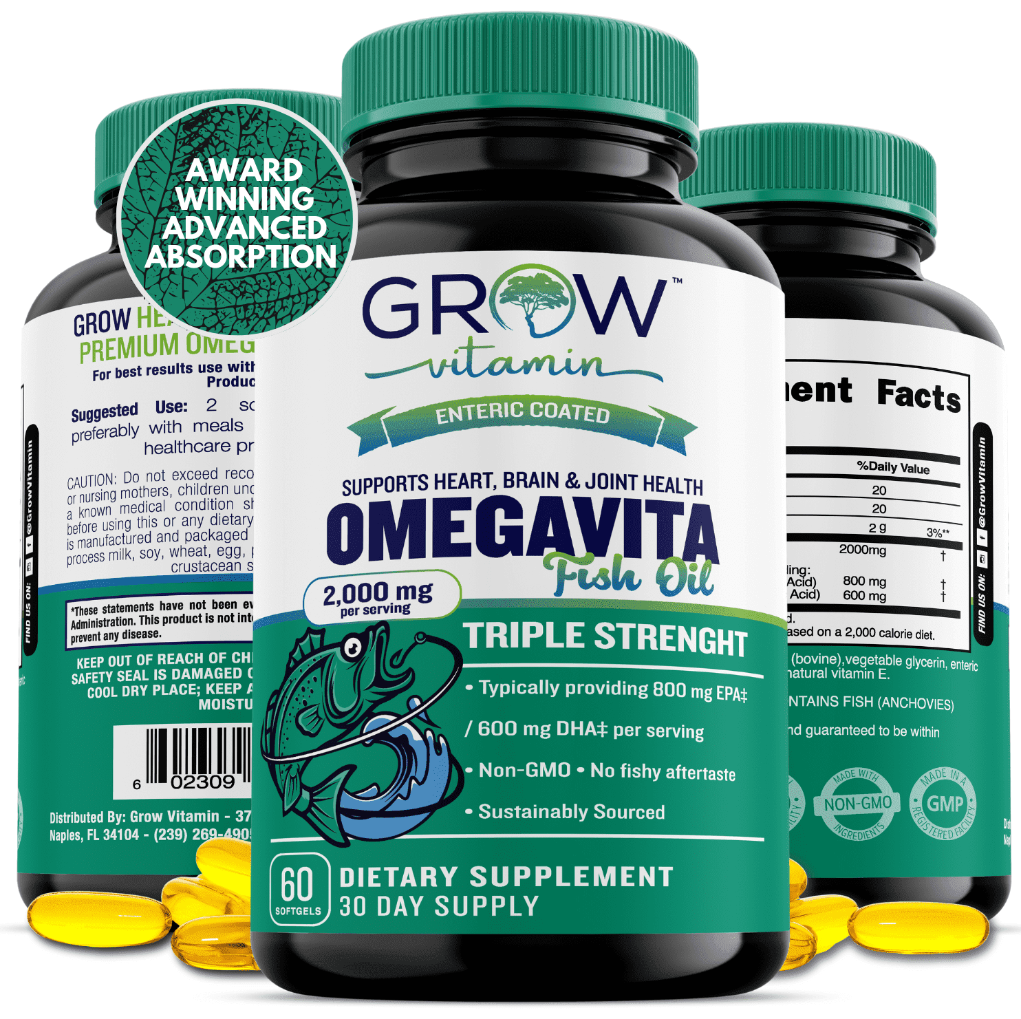 Grow Vitamin OmegaVita Fish Oil Softgels 2000mg with EPA 800mg DHA 600mg Natural Lemon Oil 30 Count