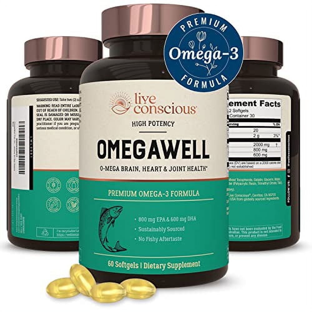 OmegaWell Fish Oil: Heart, Brain, and Joint Support | 800 mg EPA 600 mg DHA - Lemon Flavor, Enteric-Coated, Sustainably Sourced - Easy to Swallow 30 Day Supply
