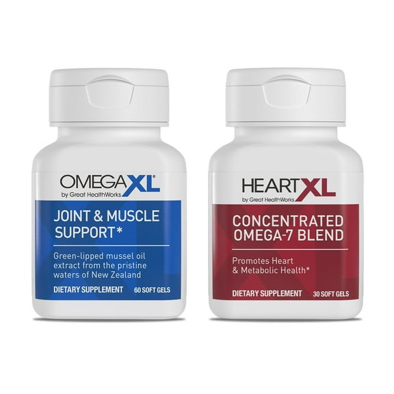 OmegaXL Joint Support Supplement - Natural Muscle Support, Green Lipped Mussel Oil, Soft Gel Pills, Drug-Free, 60 Count   HeartXL 30 Count, Omega-7 Blend