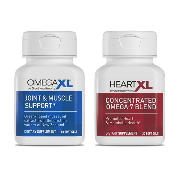 OmegaXL Joint Support Supplement - Natural Muscle Support, Green Lipped Mussel Oil, Soft Gel Pills, Drug-Free, 60 Count + HeartXL 30 Count, High Potency Omega-7 Blend