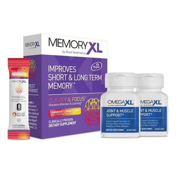 OmegaXL Joint Support Supplement for Relief - Natural Muscle Support, Green Lipped Mussel Oil, 60 Ct (2 Pack) &MemoryXL, Magnesium L-Threonate Brain Supplement - Memory & Focus Cranberry Lemon 30 Ct