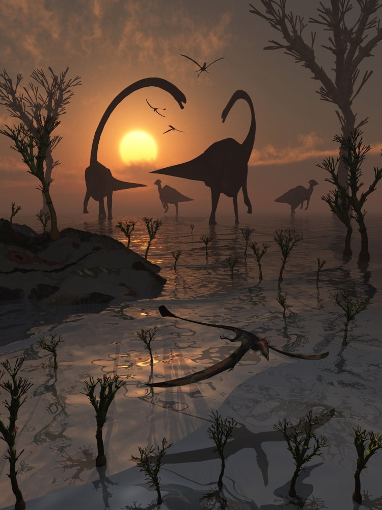 Omeisaurus and duckbill dinosaurs co-existing side by side Canvas Art - Mark StevensonStocktrek Images (13 x 17)