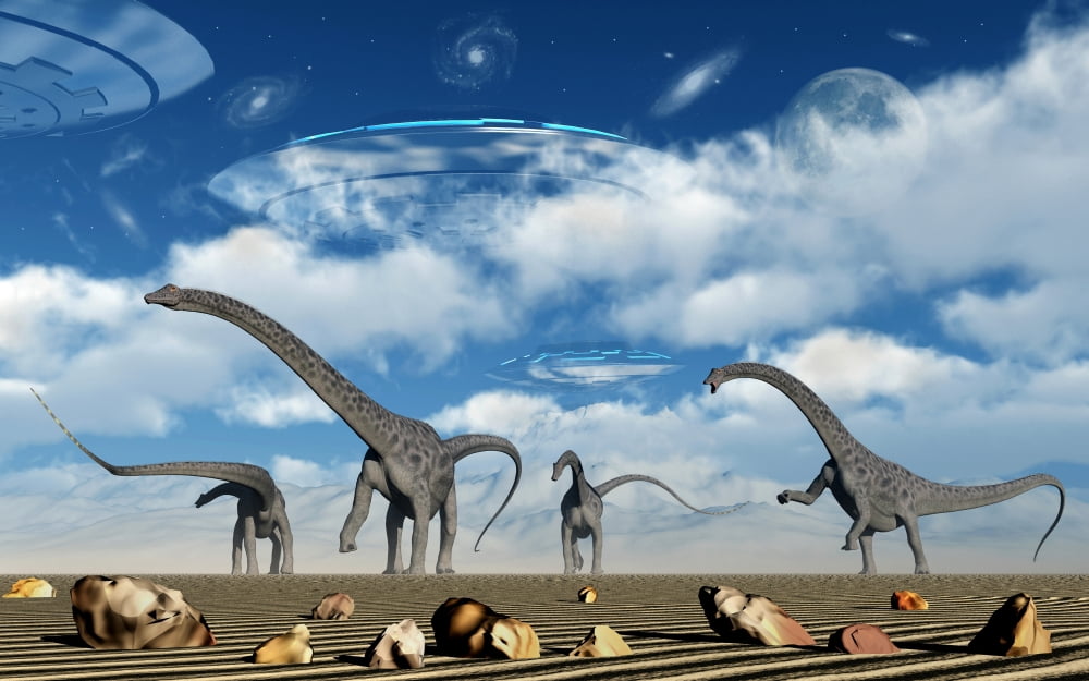 Omeisaurus dinosaurs are startled by the arrival of flying saucers Canvas Art - Mark StevensonStocktrek Images (18 x 12)
