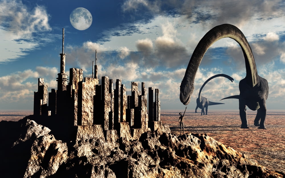 Omeisaurus dinosaurs come into contact with an advanced prehistoric civilization Canvas Art - Mark StevensonStocktrek Images (18 x 12)