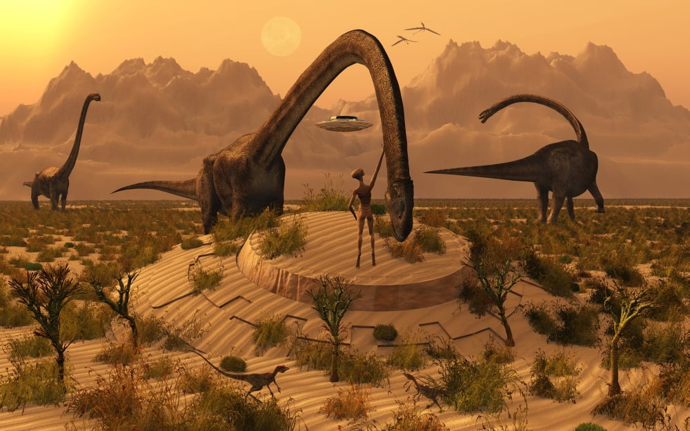 Omeisaurus dinosaurs communicating with alien reptoid beings Canvas Art - Mark StevensonStocktrek Images (36 x 23)