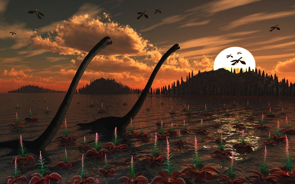 Omeisaurus dinosaurs roam freely in a freshwater lake Canvas Art - Mark StevensonStocktrek Images (36 x 23)