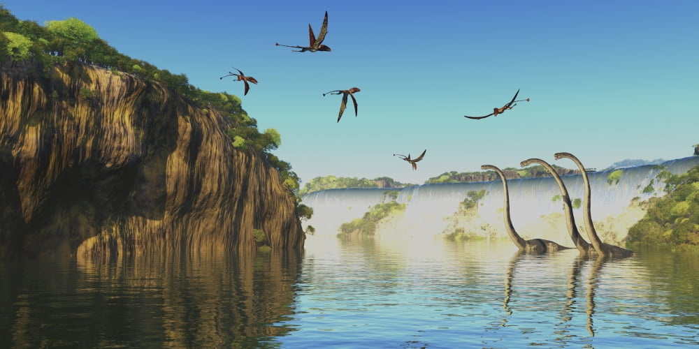 Omeisaurus dinosaurs wade in a river as Dimorphodons fly overhead Canvas Art - Corey FordStocktrek Images (40 x 20)