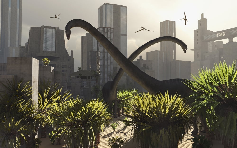 Omeisaurus sauropods explore a mysterious city which has shifted in time Canvas Art - Mark StevensonStocktrek Images (18 x 12)