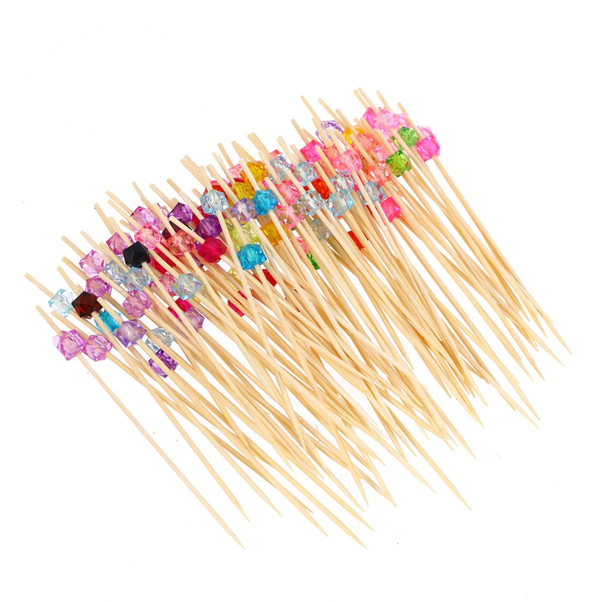 Omeite 1 Pack Bamboo Fruit Picks Disposable Cocktail Toothpicks Food Sandwich Picks Sticks Party Supplies with Acrylic Colored Beads About 100pcs (Multicolor)