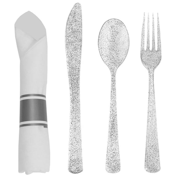Omeite 1 Set of Party Cutlery Set Forks Spoon Napkin Flatware Serving Kit Plastic Tableware