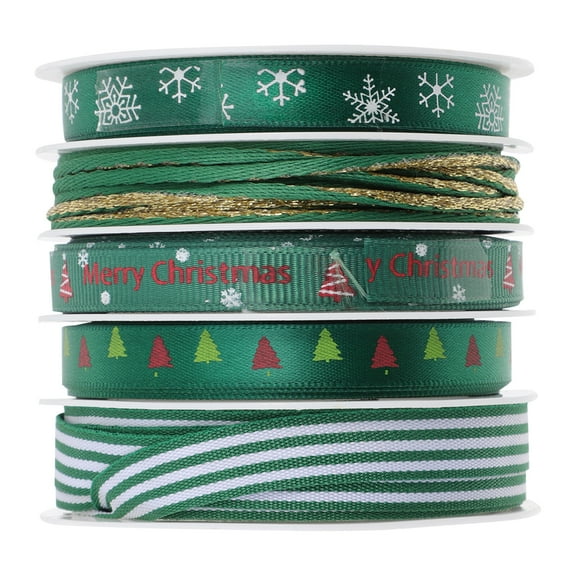 Omeite 5 Pcs Assorted Color Christmas Ribbons with Festive Holiday Elements for Wrapping and Decoration