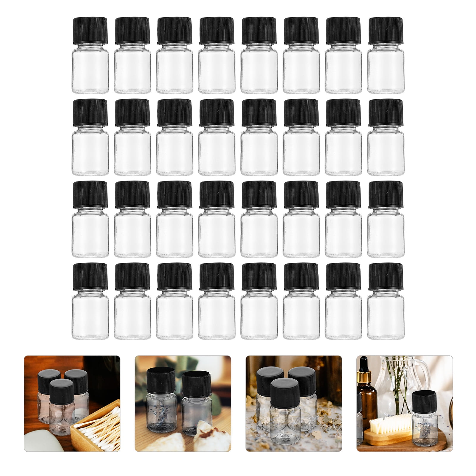 Omeite 5ml Clear Liquid Sample Bottle with Screw Cap Refillable Travel Essential Oil Bottle Preservation Test Vial (5ml Black Cap) 50pcs