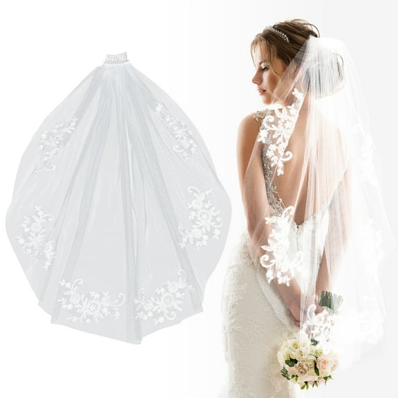 Omeite Bridal Veil Single Layer Lace Wedding Veil with Diamonds (Off-White)