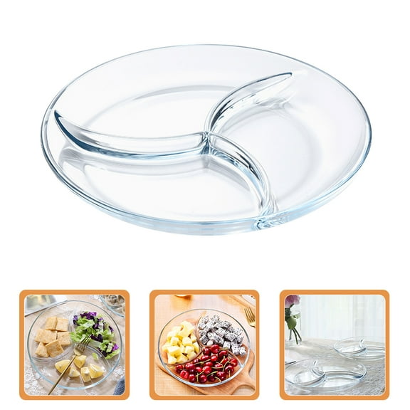 Omeite Glass partition plate with 3 compartments microwave glass partition kitchen glass partition (9-inch round three-compartment plate (small size))
