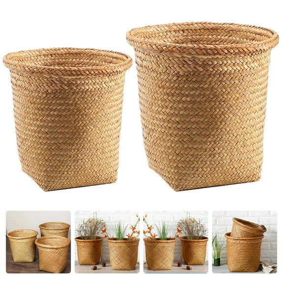 Omeite Handmade Woven Trash Bin Woven Storage Basket Decorative Wicker Waste Paper Box Trash Basket 2pcs (Small + Medium)