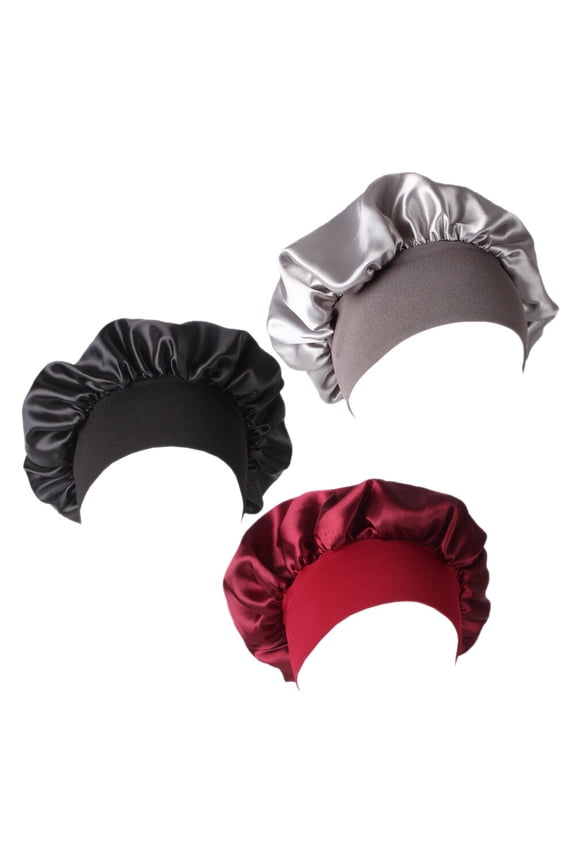 High-elastic headband sleeping cap for women, chemotherapy cap, hair care cap, satin elastic wide band sleeping cap, 3pcs package (1pc each in black, burgundy and silver)