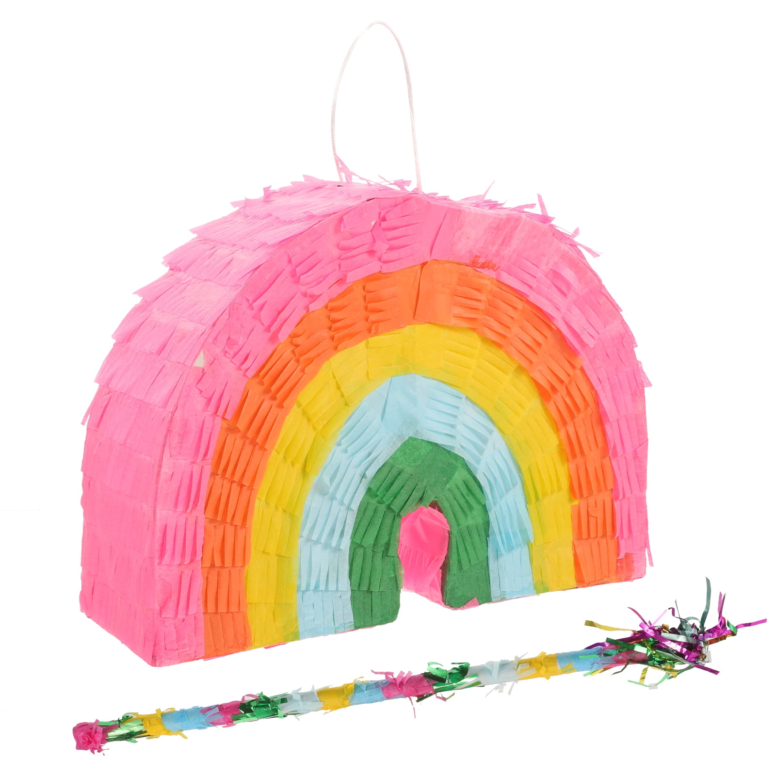 Omeite Rainbow Cake 3D Pinata Pinata Smashing Sugar Filled Children's Birthday Party Holiday Decoration (Small Rainbow Pinata + Pinata Beating Stick Random) 2pcs