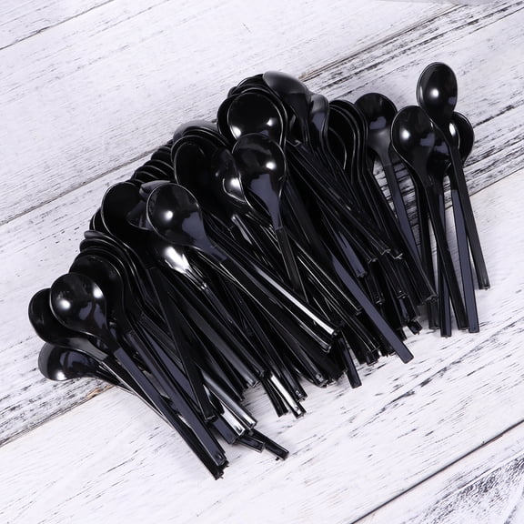 Omeite Black Thickened Plastic Spoons, 100 Count Disposable Cutlery for Parties, Picnics, and Everyday Use