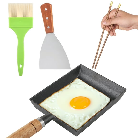 Omelette Cast Pan Kit, Tamagoyaki Pan Cast Iron Maker, Rectangular Nonstick Skillet with Wooden Handle, Includes Stainless Steel Spatula, Cooking Brush, Deluxe Wooden Chopsticks