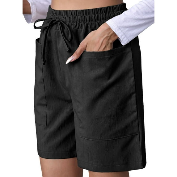 Omen Casual Shorts Drawstring Comfy Elastic Waist Shorts Summer Pull on Short with Pockets Black S