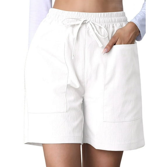Omen Casual Shorts Drawstring Comfy Elastic Waist Shorts Summer Pull on Short with Pockets White S