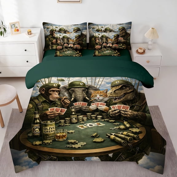Omeoer Funny Animal Soldier Comforter Set Full Size 7 Piece Bed in a Bag Olive Green Military Humor Bedding Poker Game Animal Bedding Set for Teens Adults