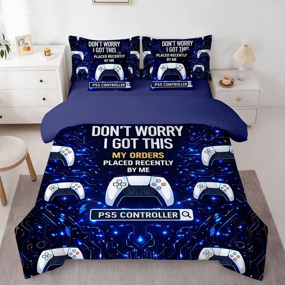Omeoer Gaming Comforter Set Full Size 7 Piece Bed in a Bag Game Controller Gamer Bedding Set Funny My Orders Placed Recently by Me Blue Microfiber for Teens Boys Adults