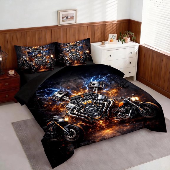 Omeoer Motorcycle Engine Comforter Set Bed in a Bag Queen Size 7 Piece V8 Power Mechanical Bedding for Teen Boys and Adults | Dark Industrial Racing Style