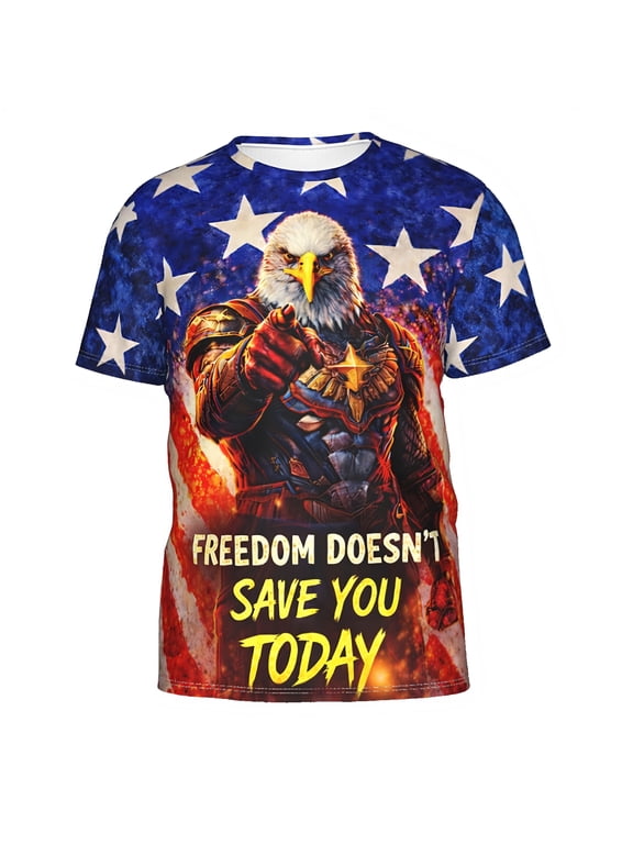 Patriotic Eagle T-Shirt Freedom Doesn’t Save You Today Graphic Tee USA Flag Short Sleeve Shirt for Men Women