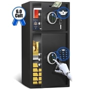 Omethey 6.0 Cub Home Safe Box Fireproof Waterproof, Money Safe with Deposit Slot and Backlit Keypad, Heavy Duty Digital Home Safe with Dual Alarm Sytem, Fireproof Safe with 2 Doors for Home Valuables