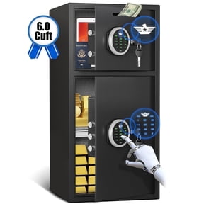 Omethey 6.0 Cub Home Safe Box Fireproof Waterproof, Money Safe with Deposit Slot and Backlit Keypad, Heavy Duty Digital Home Safe with Dual Alarm Sytem, Fireproof Safe with 2 Doors for Home Valuables
