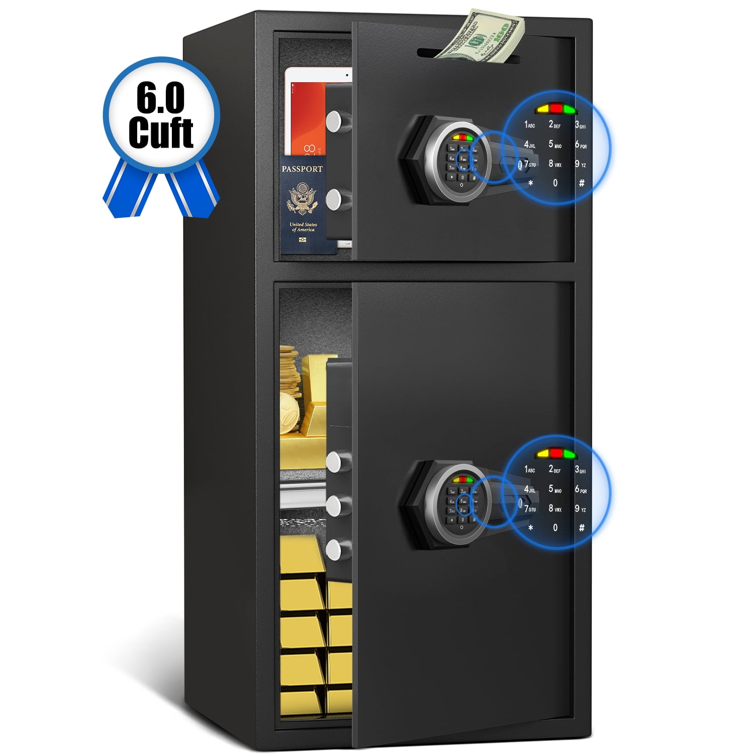 Walmart Black Friday Deals 2025 Omethey 6.0 Cub Large Safe Box, Drop Safe with Fireproof Waterproof Bag & Drop Slot, Double Door safe Home , Money Safe with LED Light and Backlit Touch Keypad