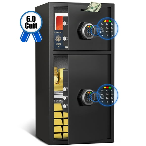 Omethey 6.0 Cub Large Safe Box, Drop Safe with Fireproof Waterproof Bag & Drop Slot, Double Door safe Home , Money Safe with LED Light and Backlit Touch Keypad